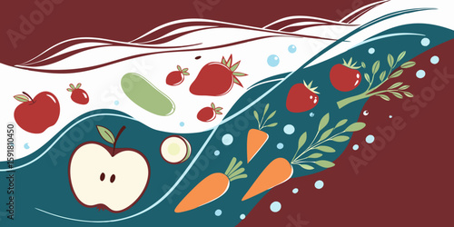 A mix of fresh fruits and vegetables diving into clear blue water, symbolizing health, diet, and freshness isolated on red white background vector illustration.
