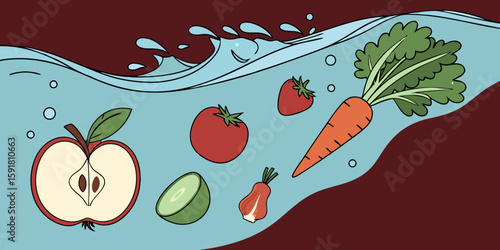A mix of fresh fruits and vegetables diving into clear blue water, symbolizing health, diet, and freshness isolated on red background vector illustration.
