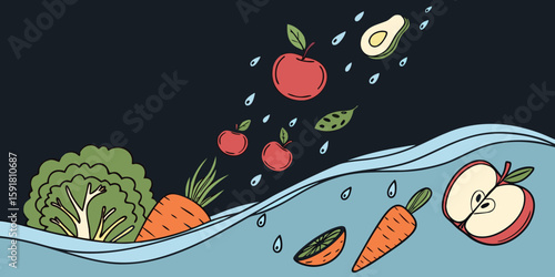 A mix of fresh fruits and vegetables diving into clear blue water, symbolizing health, diet, and freshness isolated on black background vector illustration.
