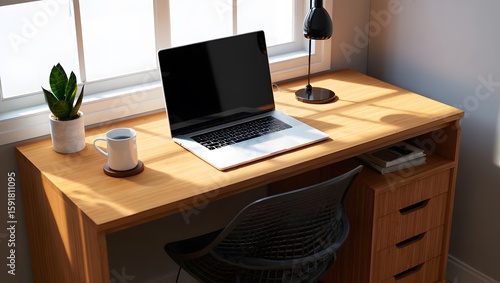 Wallpaper Mural A modern workspace featuring a laptop, coffee mug, and plant on a wooden desk. Torontodigital.ca