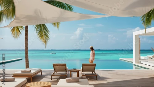 Tropical Getaway: A woman in her 30s enjoys serene luxury at a beachfront villa with infinity pool, clear blue water, and white sand on a bright summer day.