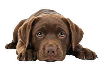 A cute chocolate labrador puppy lying down with sad eyes, isolated on a transparent background