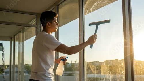 Wallpaper Mural Young man cleaning large glass windows in a modern apartment during sunset, showcasing a bright view Torontodigital.ca