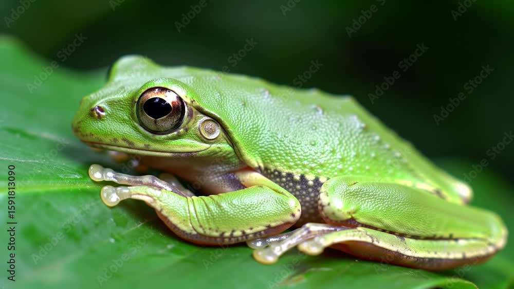 Close-up of a vibrant green tree frog resting on a large, lush green leaf with detailed skin texture and reflective, dark eyes Close-up of a vibrant green tree frog resting on a large, lush green leaf with detailed skin texture and reflective, dark eyes
