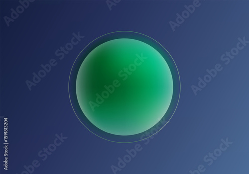 Vector illustration of glossy green gradient sphere in the center of dark blue background with concentric circles. Minimalistic and modern design