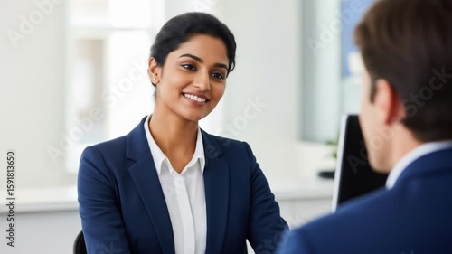 Confident Indian Businesswoman Smiles During Professional Meeting or Job Interview in Modern Office Setting