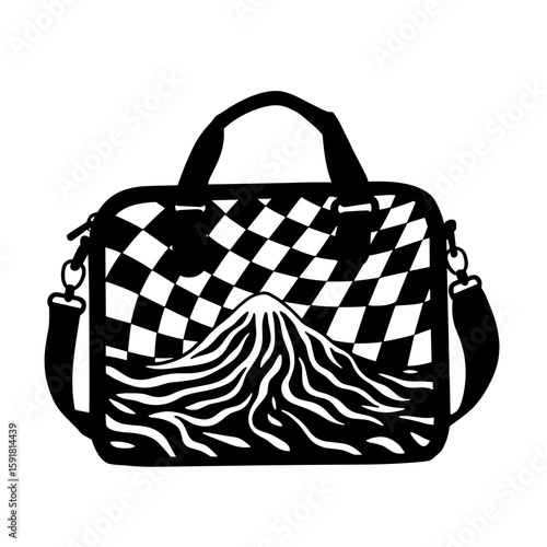Checkerboard satchel silhouette with mountain wave design, fashion accessory