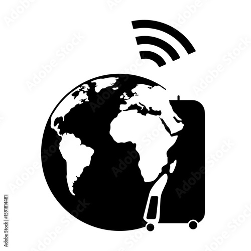 Stylized globe with suitcase and Wi-Fi signal – Digital nomad lifestyle, work from anywhere
