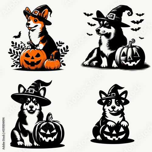 Corgi Dog wear witch hat and sitting on jack o pumpkin. Halloween Spooky Scary Trick or Treat Haunted Ghost Clipart Line Art Vector Illustration. Welsh pup in peaked cap resting atop carved.