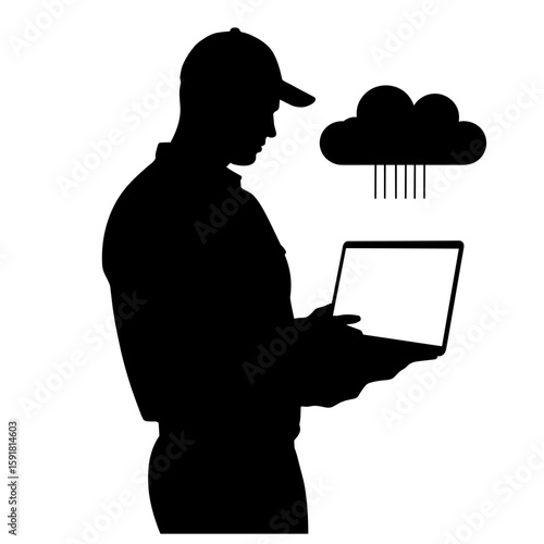 Silhouette of worker updating home system via cloud laptop, remote maintenance