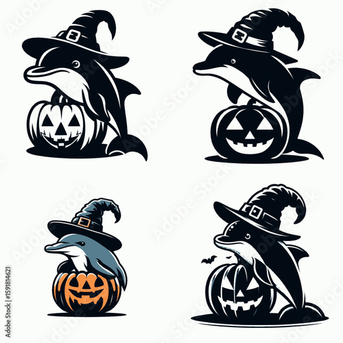 Dolphin wear witch hat and sitting on jack o pumpkin. Halloween Spooky Scary Trick or Treat Haunted Ghost Clipart Line Art Vector Illustration. Marine mammal in pointed cap atop gourd.
