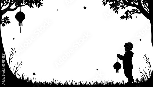 Silhouette of child holding lantern – Chinese New Year festival celebration, youthful joy