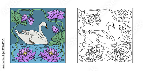 Black and white vintage art nouveau style hand drawn swan swimming in lake and lotus flowers symmetrical composition for coloring page vector illustration