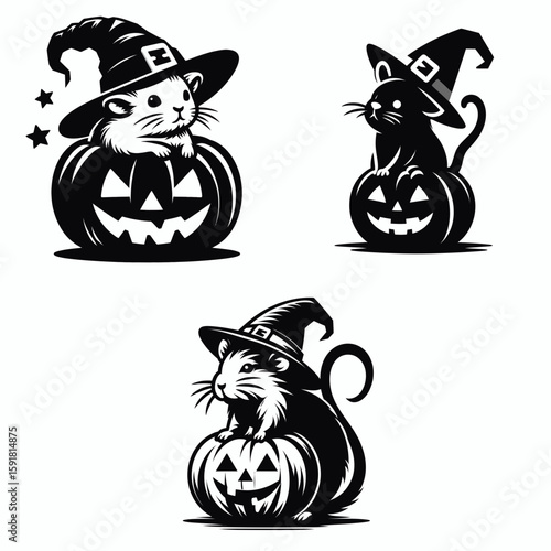 Hamster wear witch hat and sitting on jack o pumpkin. Halloween Spooky Scary Trick or Treat Haunted Ghost Clipart Line Art Vector Illustration. Tiny rodent in pointy wizard cap atop carved.