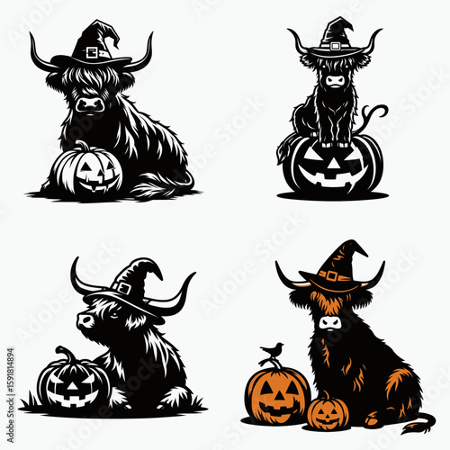 Highland Cow wear witch hat and sitting on jack o pumpkin. Halloween Spooky Scary Trick or Treat Haunted Ghost Clipart Line Art Vector Illustration. Hairy ox in pointy headgear atop carved.