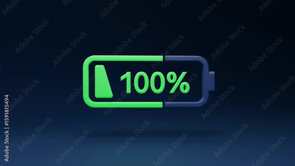 Battery icon displaying full charge at 100% with a modern design against a dark background Battery icon displaying full charge at 100% with a modern design against a dark background