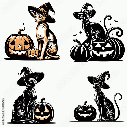 Sphynx Cat wear witch hat and sitting on jack o pumpkin. Halloween Spooky Scary Trick or Treat Haunted Ghost Clipart Line Art Vector Illustration. Hairless feline in pointed headwear atop.