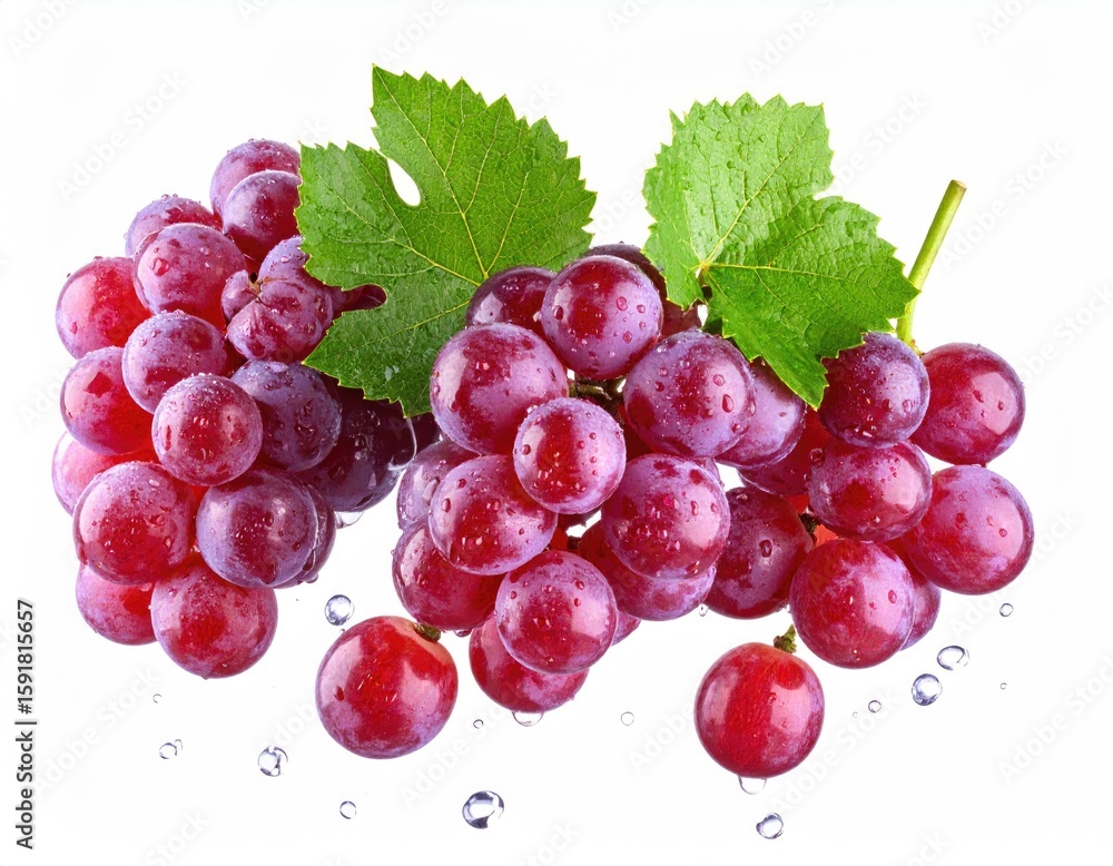 Fototapeta premium Fresh red grapes with leaves and water droplets