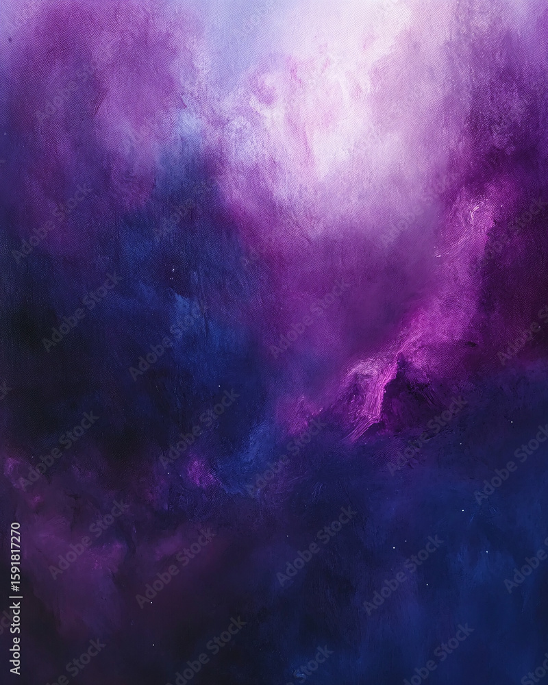 Fototapeta premium Mystical Abstract Space Painting with Deep Purple and Blue Nebula Clouds and Glowing Celestial Light 