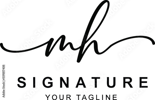 Graceful handwritten MH signature logo in minimalist black design showcasing elegance, ideal for personal branding and professional identity applications.