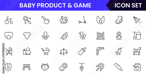 Baby Product and Game vector web line icon collection, sleek illustrations of toys, bottles, cribs, games for playful, nurturing designs.
