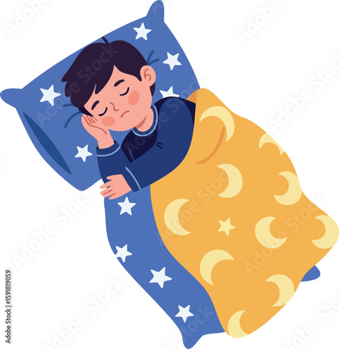 Sleeping boy under yellow moon patterned blanket with blue star pillow vector illustration