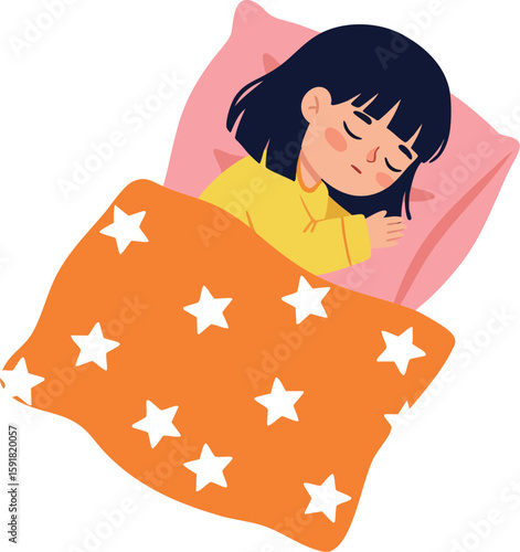 Sleeping girl resting peacefully under orange starry blanket with pink pillow vector illustration