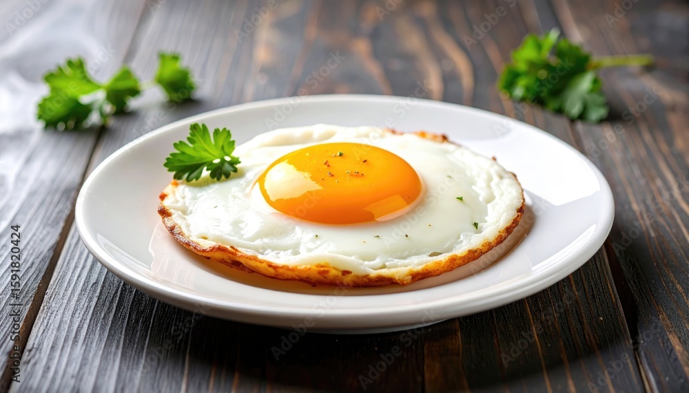 Fried egg on a plate, garnished with parsley Fried egg on a plate, garnished with parsley
