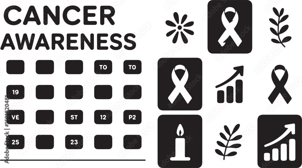 Fototapeta premium Cancer Awareness Calendar and Symbol Collection with Growth and Support Icons