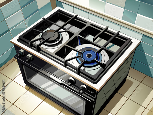 vector of Black glass gas plate on white cabinet. view from above White tile background.