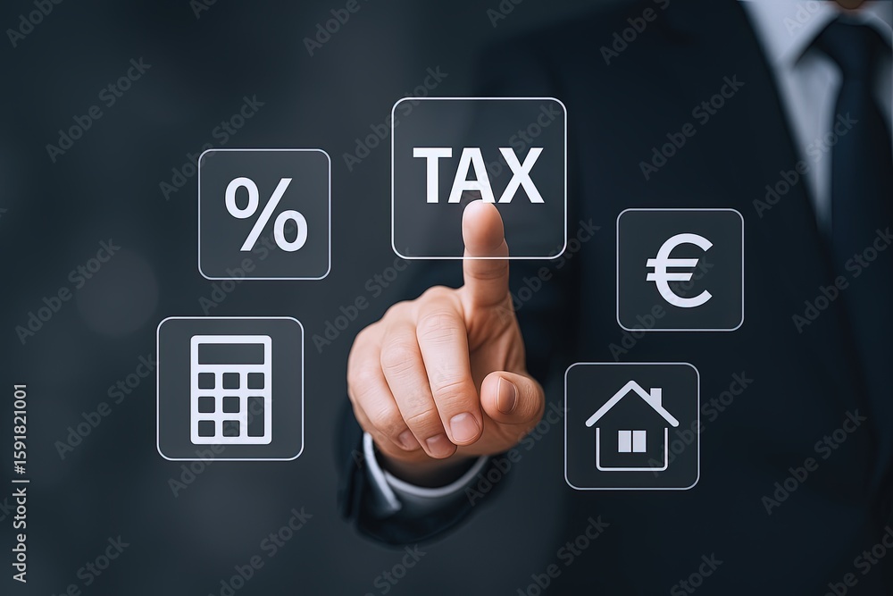 Obraz premium Businessman pointing at tax icon with percentage calculator euro house and financial icons.