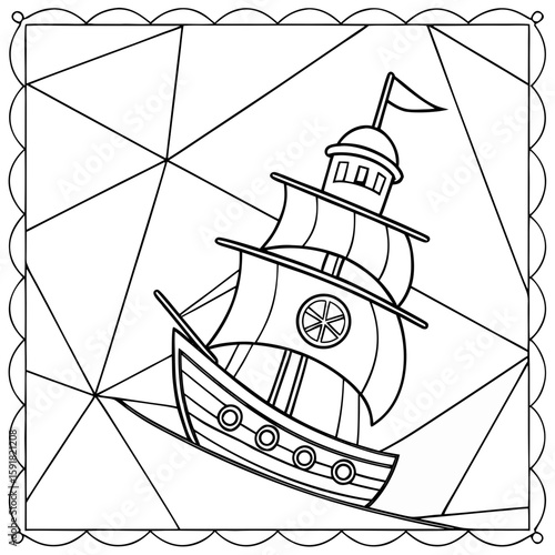 Coloring page,  thanksgiving.   Black and white outline of a sailing ship on a geometric background  