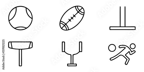 Sports icons including football, running, and goalposts in line art  