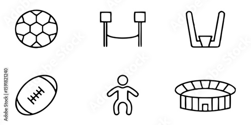 Sports icons including football, rugby, stadium, and player outline  