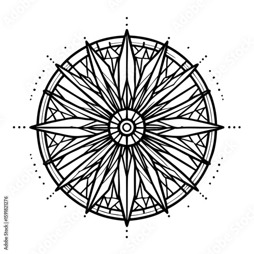 Coloring page,  thanksgiving. Geometric compass rose design in black and white line art  