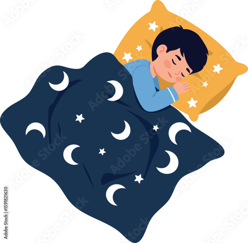 Sleeping child under moon and stars blanket with yellow pillow vector illustration