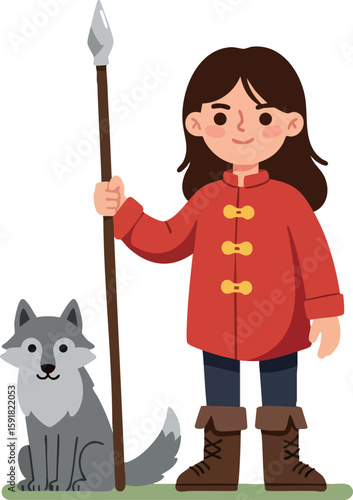 Girl with wolf holding spear in red coat and boots vector illustration