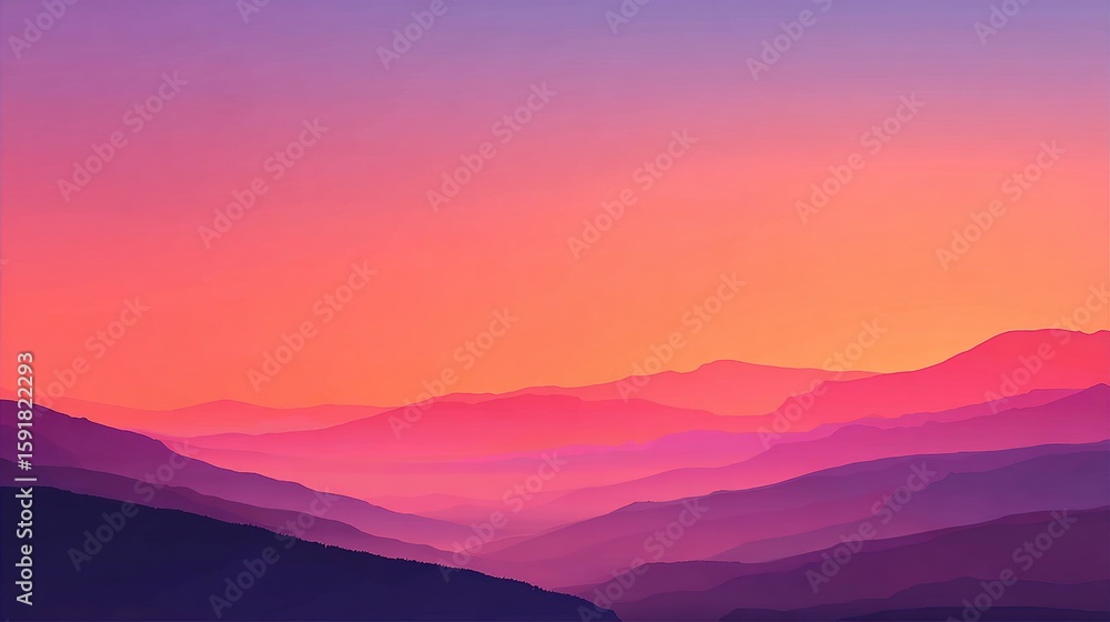 Gradient mountain ranges receding into the distance under a vibrant sunset sky Gradient mountain ranges receding into the distance under a vibrant sunset sky