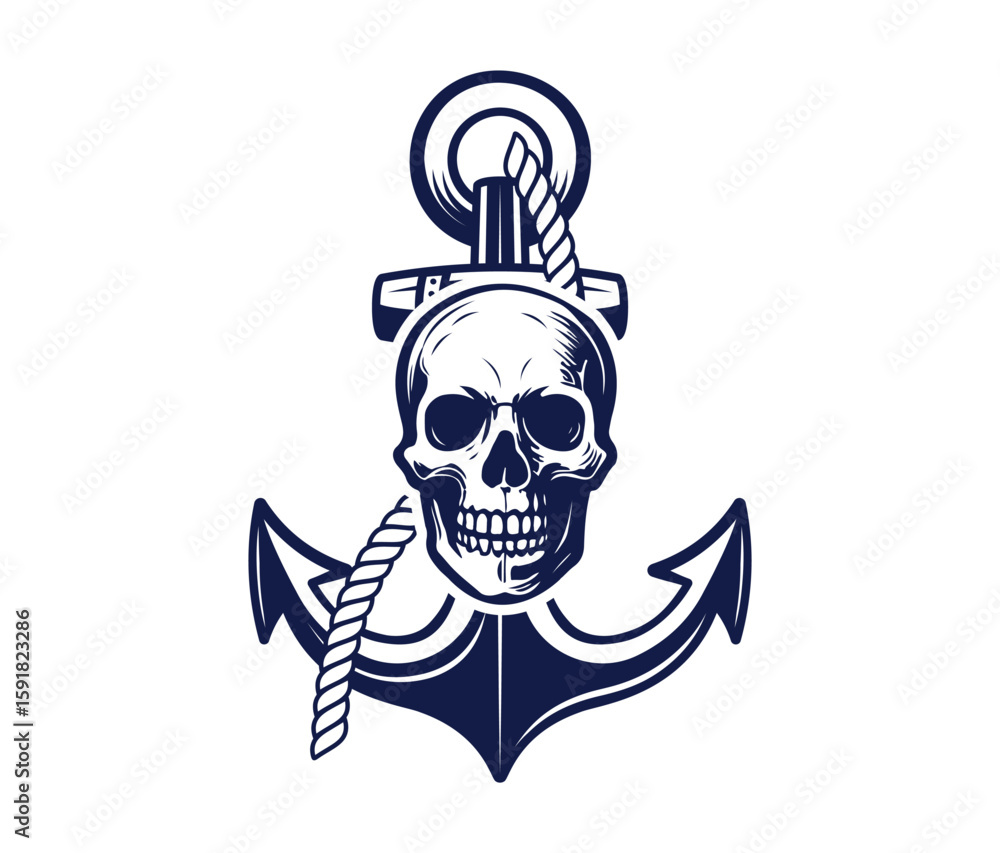Fototapeta premium nautical logo vector illustration, old english anchor with skull graphic design