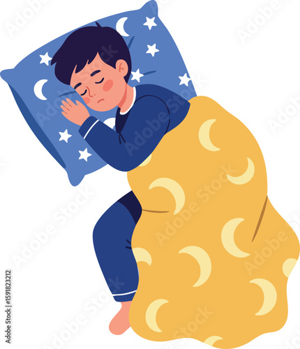 Sleeping boy in blue pajamas under yellow moon patterned blanket vector illustration