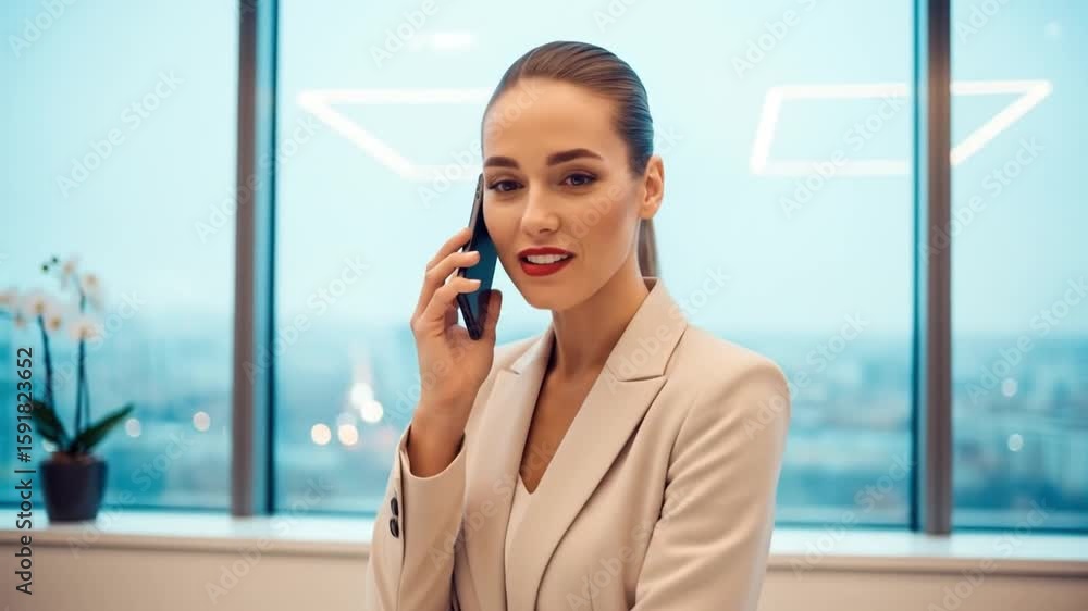 Confident Businesswoman Engaged in Professional Phone Call by Modern Office Window Confident Businesswoman Engaged in Professional Phone Call by Modern Office Window
