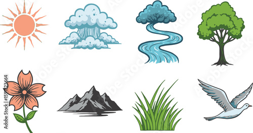 Vector art of a collection of nature icons featuring a sun, cloud, river, tree, flower, mountain, grass, and bird isolated on transparent background