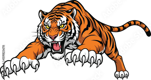 A fierce Bengal tiger cartoon prowls forward with sharp claws, conveying powerful animal wildlife with an intense orange and black striped coat.