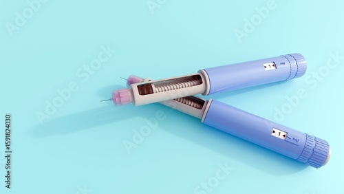 A 3d rendering of pre-filled GLP-1 receptor agonist pens, used for the treatment of type 2 diabetes or for weight management. It's disposable or multi-dose reusable pen.