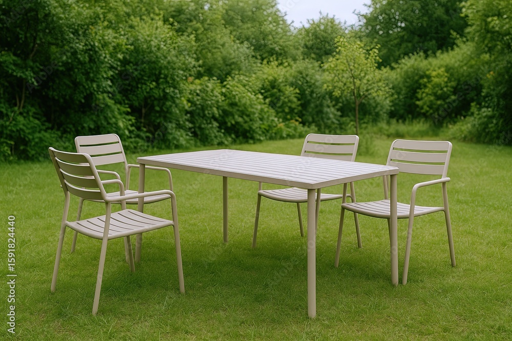 Fototapeta premium Modern outdoor dining set with four chairs and table on lush green grass in garden.
