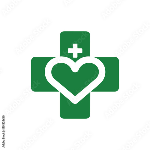 Green medical cross and heart symbol icon representing healthcare, hospital, aid, and first support