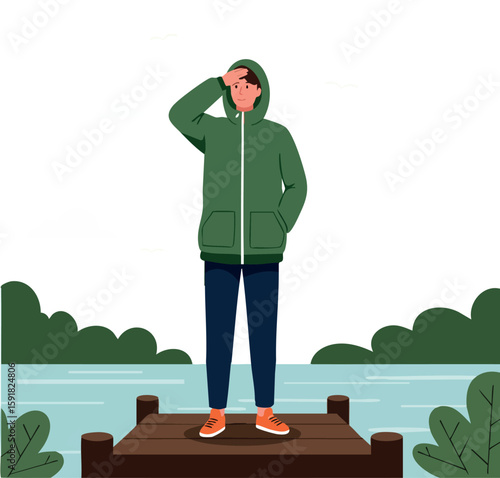 Young man in green hoodie standing on wooden dock by river with foliage background vector illustration