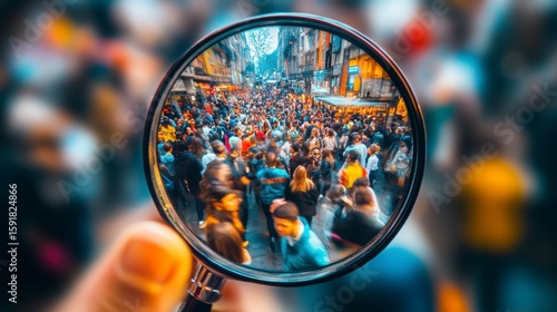 Magnifying glass focusing on a dense crowd of people in a city street, seen from a close-up perspective.