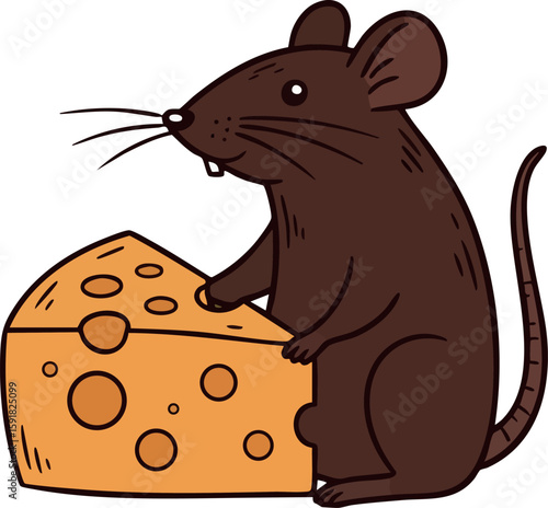 Brown mouse holding yellow cheese cartoon vector illustration cute animal design