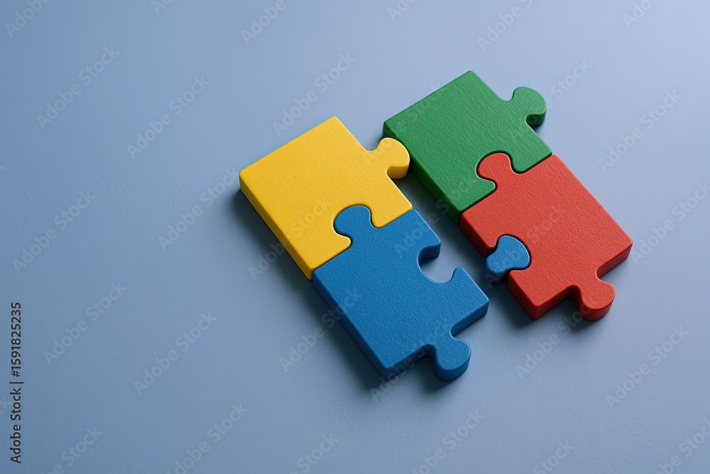 Fototapeta premium Colorful Interlocking Puzzle Pieces Arranged on Light Blue Background.